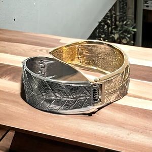 Black and gold leaf pattern hand cuff bracelet